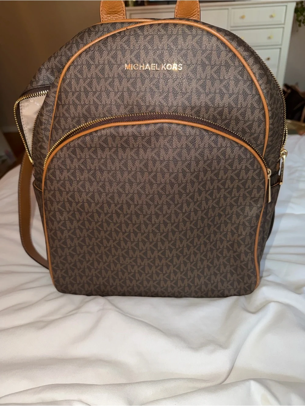 Michael Kors Brown Logo MK Signature Backpack with Tan Trim